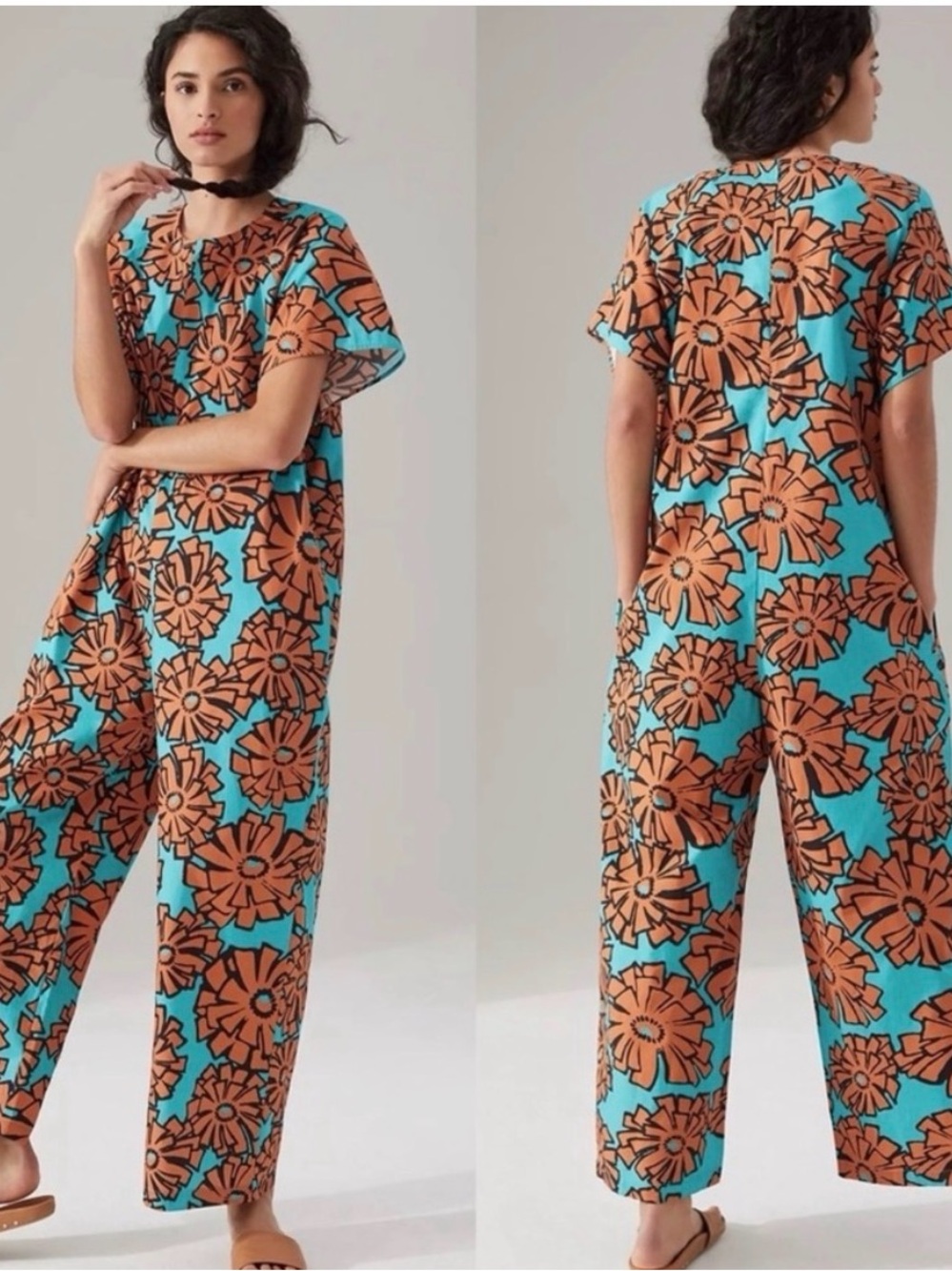 Anthropologie Porridge Effie Teal Floral Short Sleeve Wide Leg Jumpsuit |M